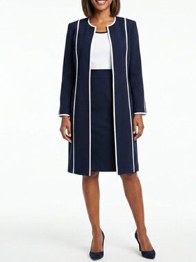 Nicolette Office Siren Mod Duster Coat & Sheath Dress Set Navy White Piping 8